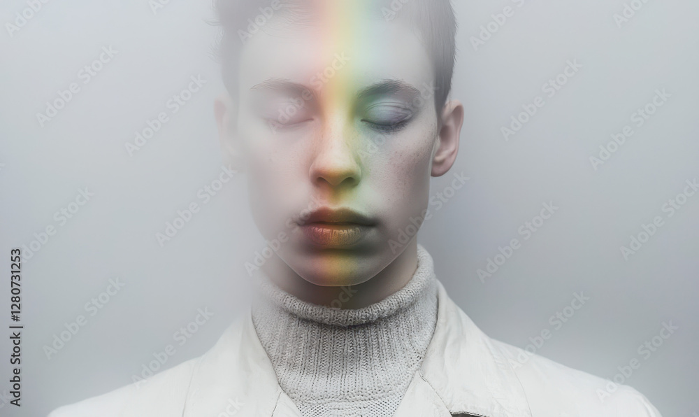 Poster exploring the depths of emotion: a dreamlike portrait capturing serenity and identity with vibrant c