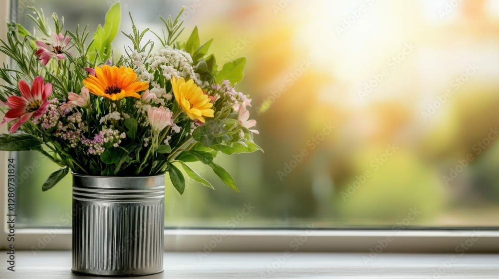 Poster colorful flower shop window display concept, bright sunlit window display of colorful wildflower bou