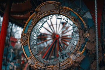 Obraz premium A round mirror hangs on the wall next to a Ferris wheel, providing a unique perspective