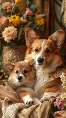 corgi mother and puppy with flowers warm family love