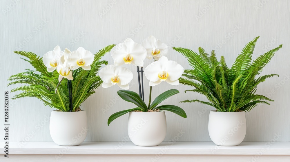 Poster colorful flower shop window display concept, unique tropical flower display in window with orchids a