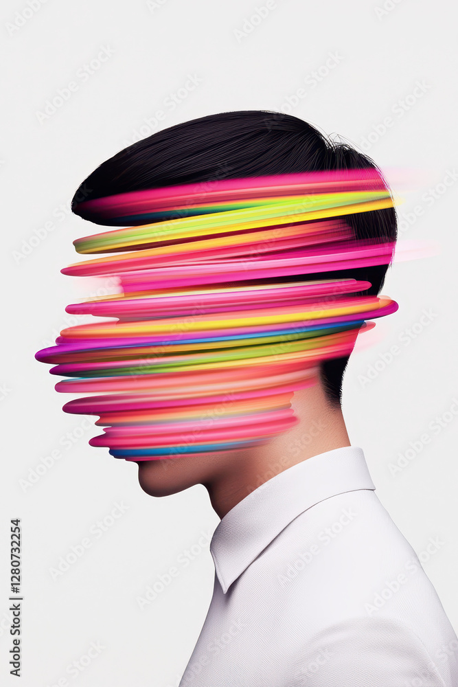 Poster exploring identity and emotion through colorful abstract art: a faceless portrait representing moder
