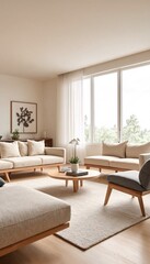 Fototapeta premium A modern living room with a minimalist aesthetic and natural lighting.