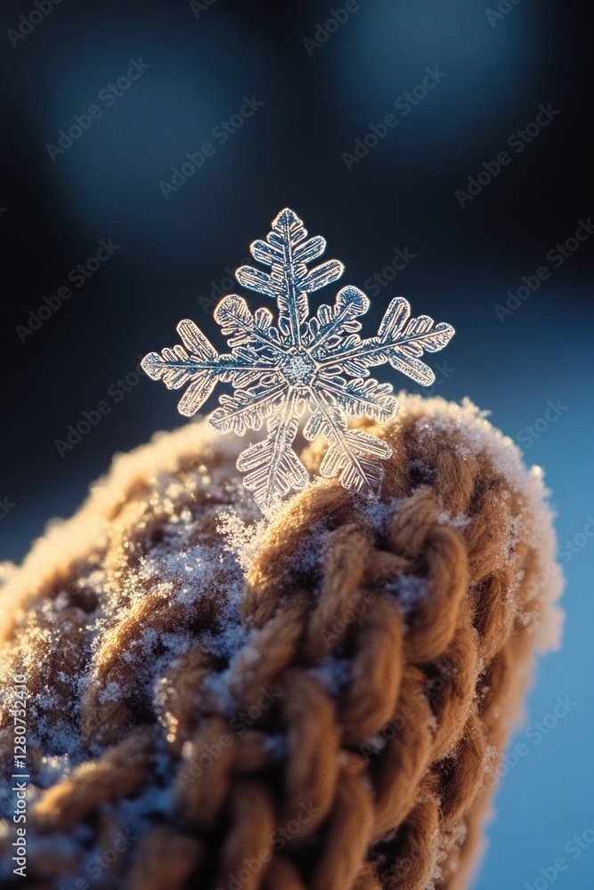 Poster close-up shot of a single snowflake resting on a piece of cloth, with intricate details and texture