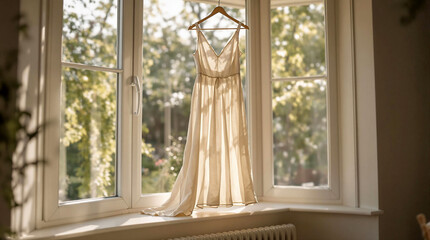 A dress hanging by a window in a room, with a wall to the left and a table with a chair to the right. The dress is the main subject, and the room has a warm, inviting atmosphere.