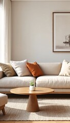 A modern living room with beige and neutral tones.