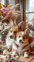 corgi mother and puppy with flowers warm family love