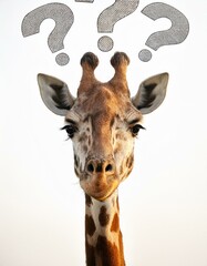 Obraz premium giraffe portrait headshot with gold question marks above the head on white background