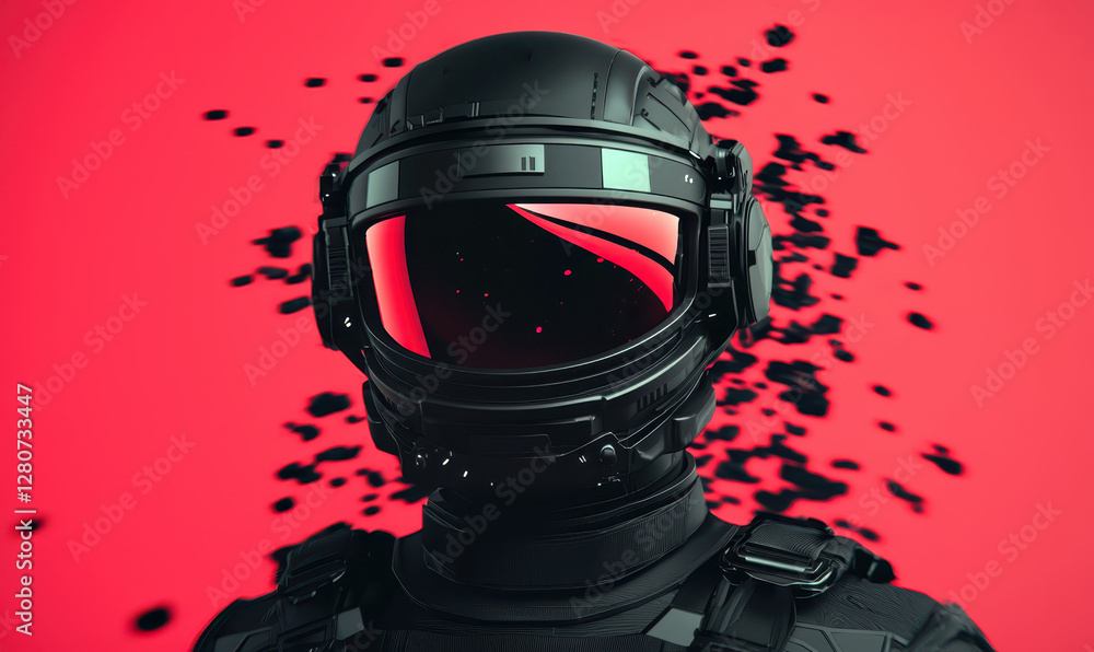 Poster exploring the limits of technology: a futuristic astronaut helmet amidst an abstract cosmic backgrou