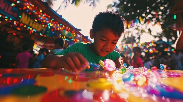 Children playing traditional games at a local fair, vibrant colors and joyful expressions under bright natural light