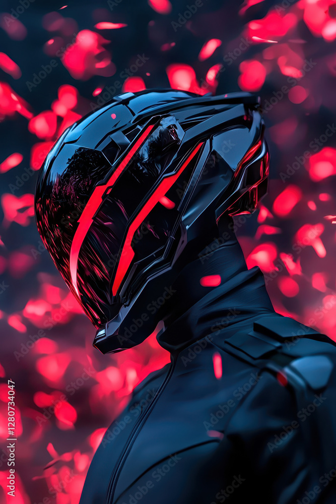 Poster explore the intersection of art and technology: a striking cybernetic helmet with a futuristic aesth