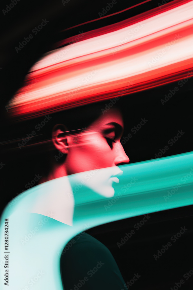 Poster exploring inner realities: a vibrant abstract portrait capturing emotion through movement and color 