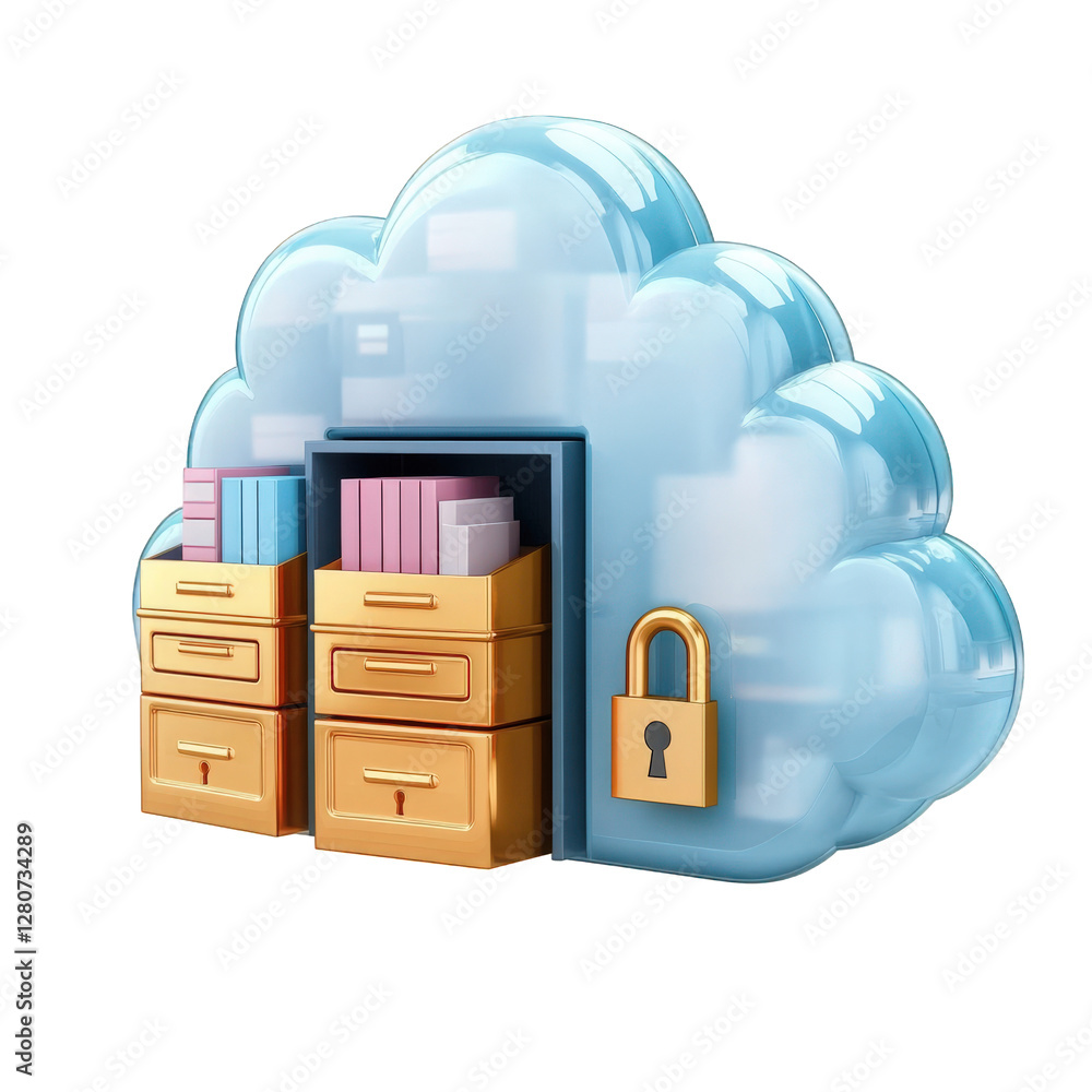 Poster copper lock protects files stored in folders, cloud data storage security concept