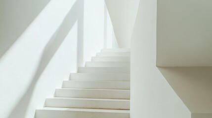 Fototapeta premium Modern white stairs, sunlight shadows, minimalist interior