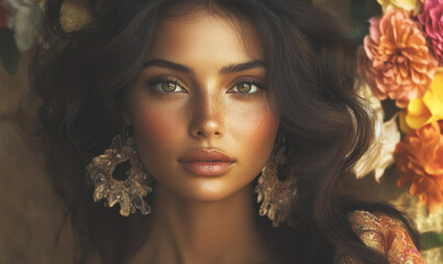 Fototapeta premium Portrait photo of a young and beautiful woman with flowers in the background