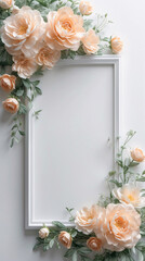 Soft pastel peach blooms creating a graceful frame around a white tray to add charm to your home display for Copyspace and Text Background