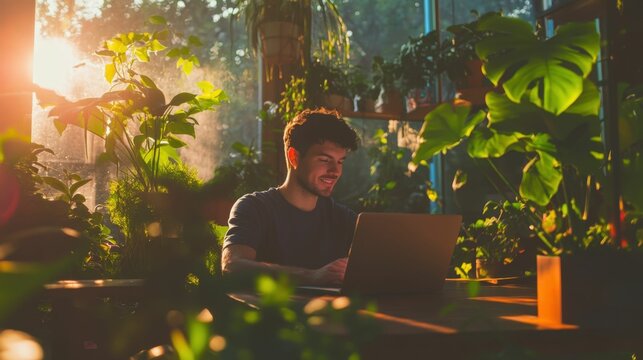 A white man with short dark hair and a casual blue shirt, seated at a laptop and smiling while typing, modern industrial office with natural light and minimalistic decor, - Powered by Adobe