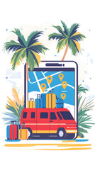 Obraz premium A flat vector illustration of a travel app logo design, featuring a map with a red van 