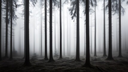 Dense forest trees in the mist creating an atmospheric scene