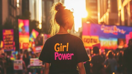 Fototapeta premium Empowered woman in girl power t-shirt at sunset protest march for gender equality and rights
