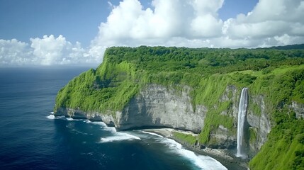 Aerial view waterfall cascading into ocean, lush cliffside, tropical island