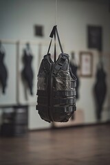 A bag is suspended from a string in a room