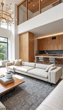 Modern minimalist interior design of an open-plan living space.