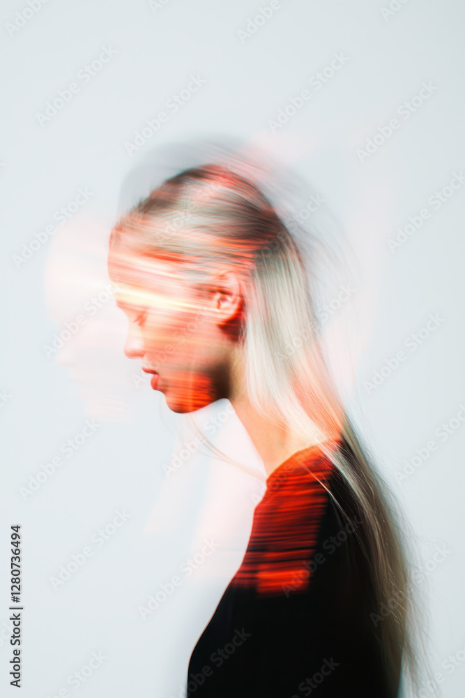 Poster exploring the ethereal: a portrait capturing movement and emotion in a dreamlike states of mind esse