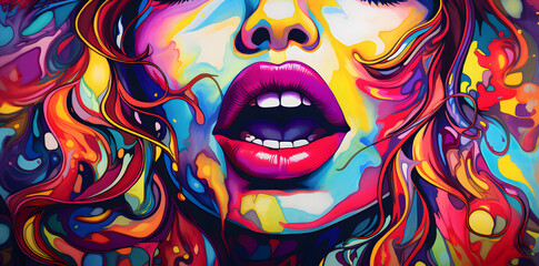 Woman's mouth with colorful lips and a smile in the style of psychedelic pop art poster