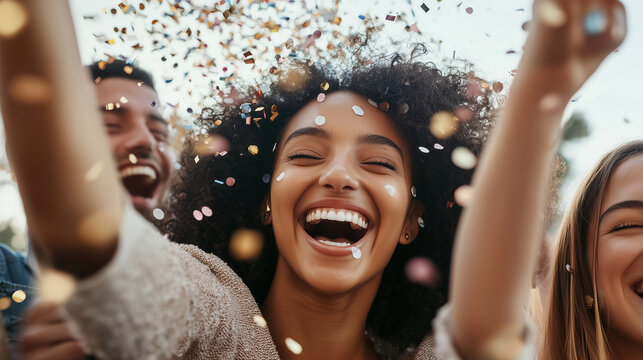 Friends celebrating together with joy and confetti