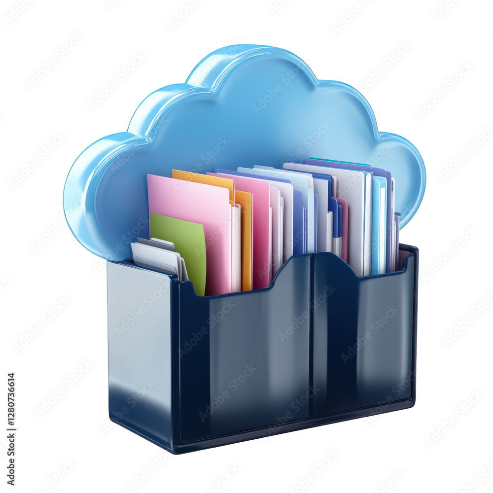 Poster files stored in folders, concept of cloud data storage
