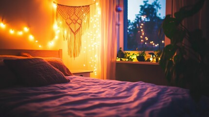 Bedroom with a low platform bed, earthy-toned bedding, a macrame wall hanging, and string lights, warm and inviting natural light
