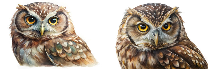 Fototapeta premium Realistic owl illustration, detailed feathers, vibrant eyes, nature art, wildlife portrait, watercolor style, animal artwork.