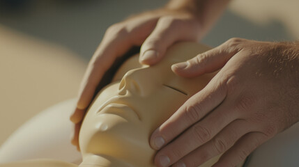 Hands performing CPR on mannequin providing life-saving compressions