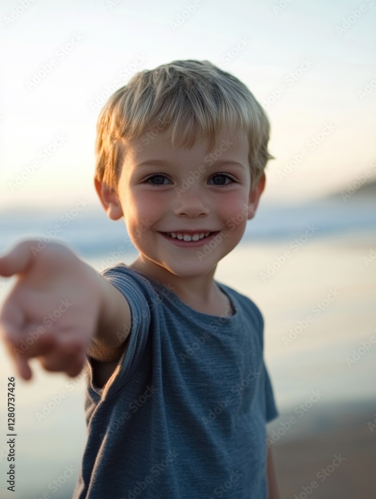 Poster joyful boy extending hand towards the camera during sunset at the beach, capturing a moment of happi
