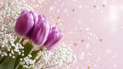 Obraz premium Purple tulips with baby's breath against sparkly pink and gold background