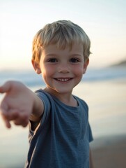 Joyful boy extending hand towards the camera during sunset at the beach, capturing a moment of happiness and playfulness. Generative AI