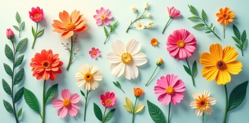 Vibrant flat-lay flower icons, bright colors, simple design, plant, simple