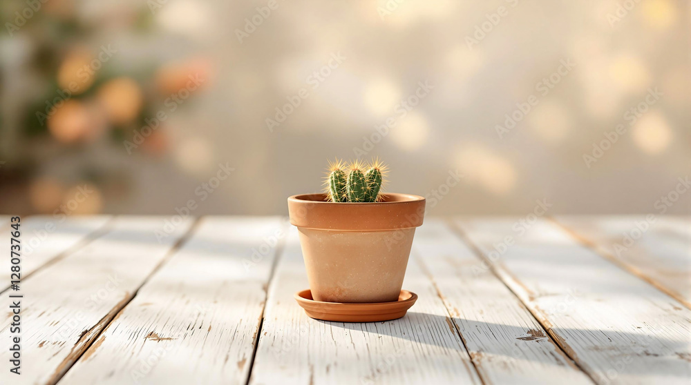 Poster A small cactus in a pot placed on a wooden surface, with a blurred background suggesting a shallow depth of field.
