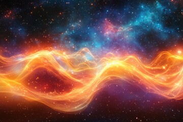 Vibrant cosmic waves of color undulate through a starry galaxy at night