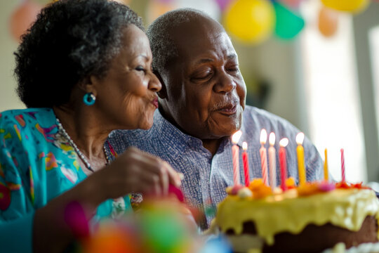 African American elderly couple celebrating a birthday, blowing out candles on a homemade cake, surrounded by colorful decorations.