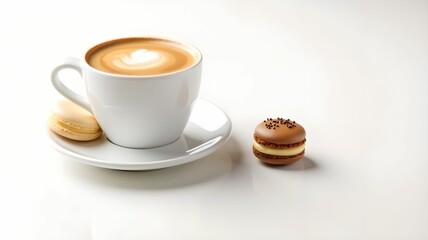 Elegant composition of coffee and macaroons on isolated white background