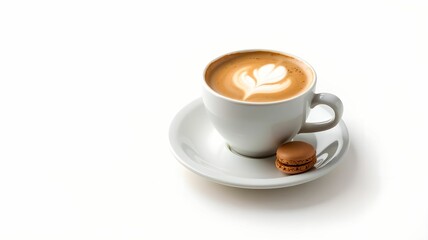 Fototapeta premium Elegant composition of coffee and macaroons on isolated white background