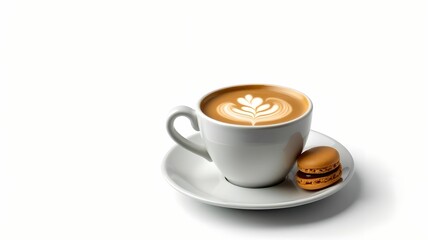 Obraz premium Elegant composition of coffee and macaroons on isolated white background