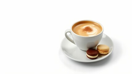 Obraz premium Elegant composition of coffee and macaroons on isolated white background