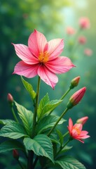 Delicate watercolor blooms, lush green leaves, vibrant garden scene, flowers, image