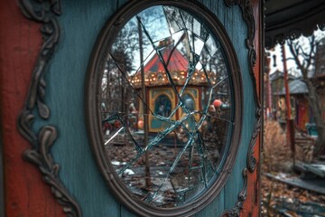 A broken mirror sitting on the side of a building, great for use in urban or cityscapes
