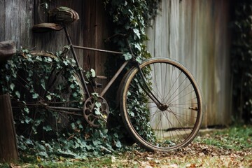 An old bicycle leaning against a wooden fence