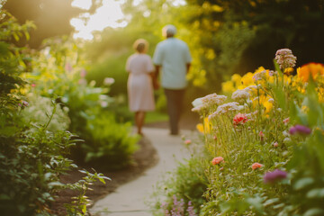 Obraz premium African American elderly couple having a quiet moment in a garden, holding hands and enjoying the simple beauty of flowers and greenery around them.