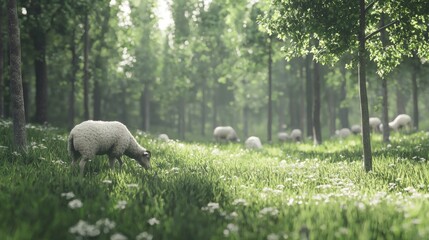 Naklejka premium Serene Sheep Grazing in Lush Green Woodland, Sunlight Filtering Through Trees, Nature's Peaceful Landscape Scene